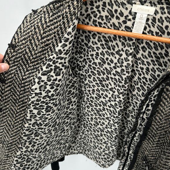 Chico’s Herringbone Tweed Wool Blend Blazer Jacket with Leopard Trim // S - Picture 9 of 12